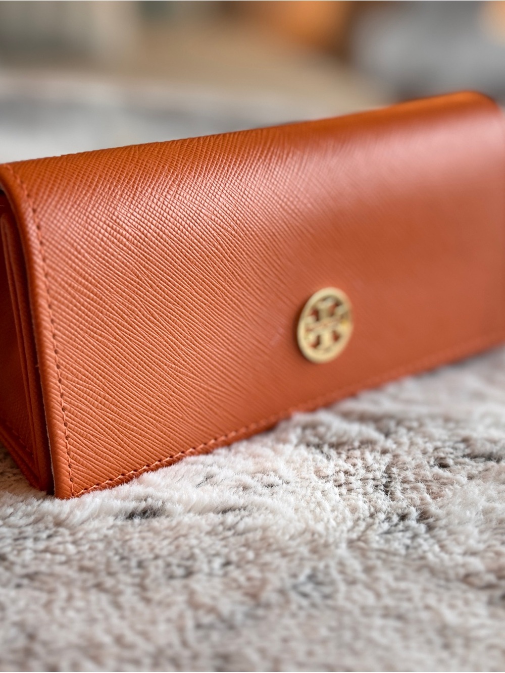 Tory Burch Burnt Orange Saffiano Leather Clutch with Gold Logo